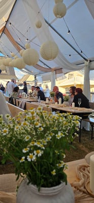 Bryllup i partytelt som man har lånt i Fredrikstad med tyll i taket og lyslenke Bryllup i partytelt som man har lånt i Fredrikstad med tyll i taket og lyslenke